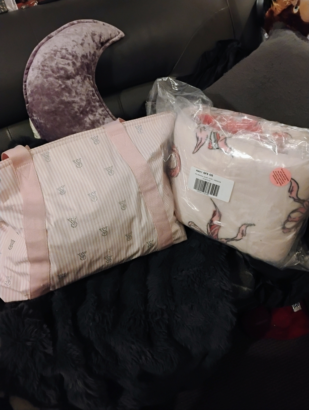 Victoria Secret Pink And White Pin Stripe Blinged Out Tote Bag And Plush Throw